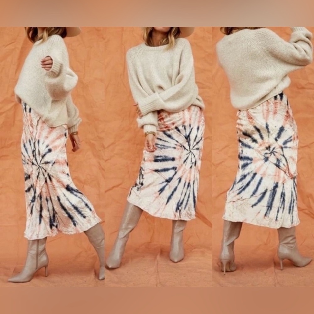 Free People Spiral Tie-Dye Midi Skirt in Peach, Navy & Cream